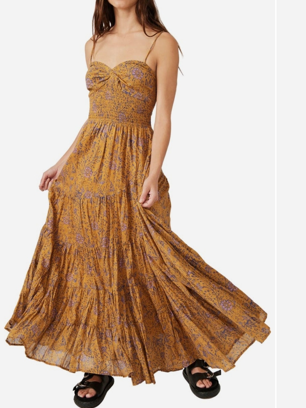 Smocked Bust Floral Maxi Dress in Mustard